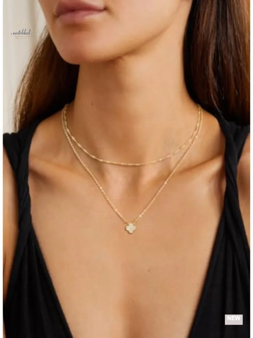 Dainty Layered Gold Plated Necklace Set Cubic Zirconia Four Leaf Clover Choker